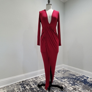 Deep Red Maxi Draped Long‎ Sleeve Dress